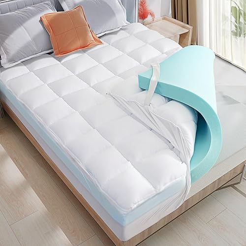 WhatsBedding Cubrecolchón de espuma viscoelástica de doble capa de 4 pulgadas, espuma viscoelástica de gel de 2 pulgadas y funda de colchón superior