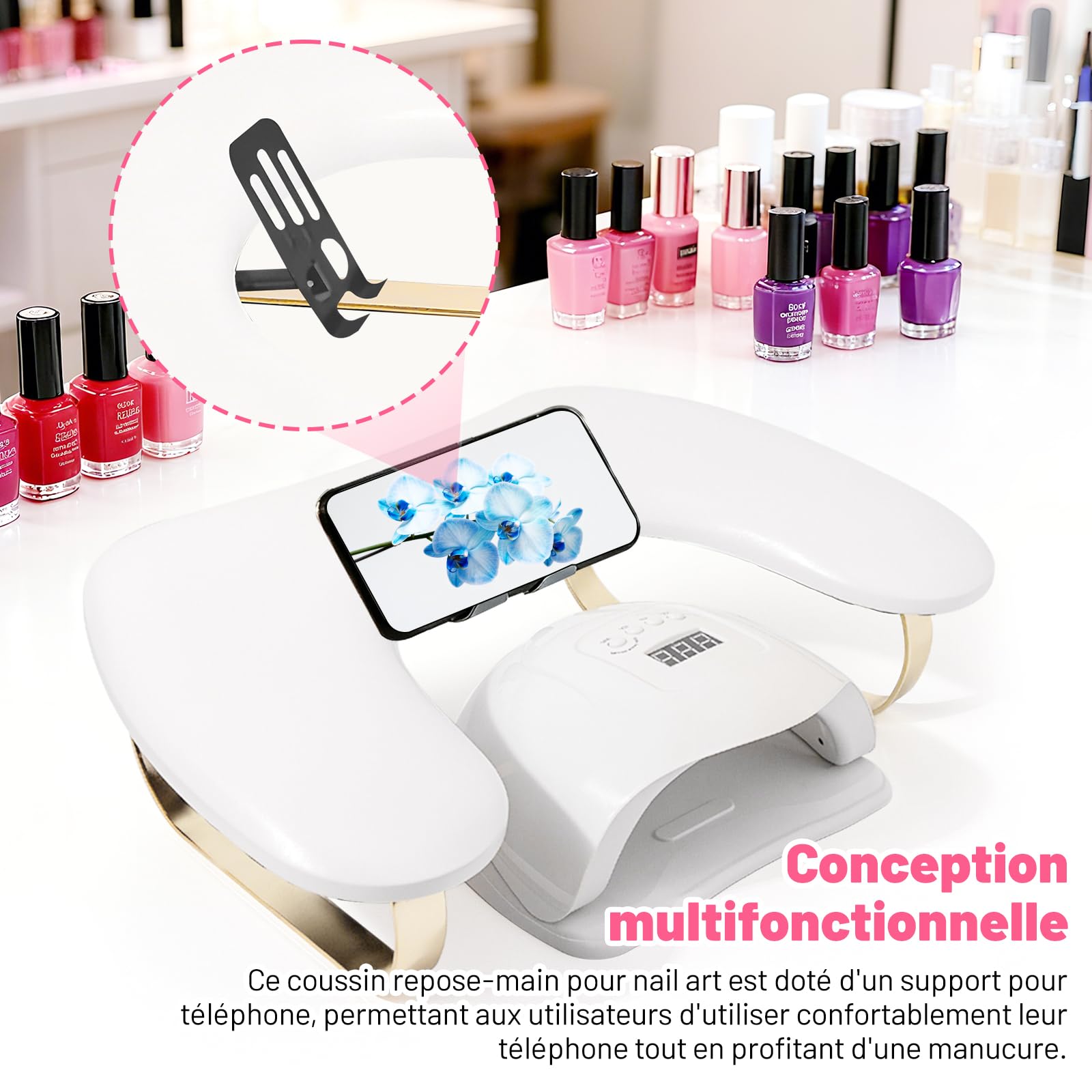 perfk Repose Main Manucure avec Support de Téléphone Réglable, Repose Main Ongle, Pose Main Manucure, Accoudoir en Forme de U Coussin de Manucure Repose Main, pour Manucure à Domicile et Salon