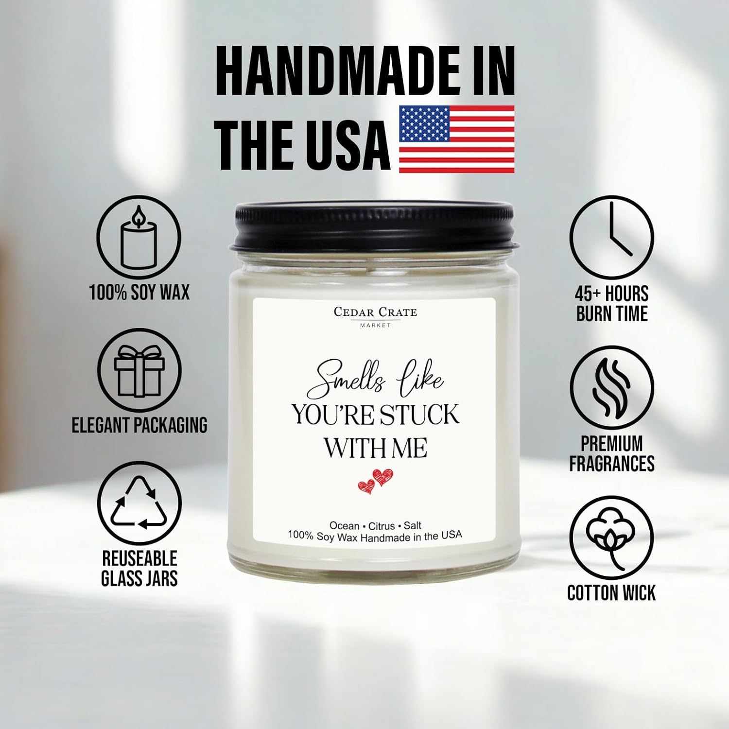 Cedar Crate Market - Anniversary Candle - Smells Like You're Stuck with Me Romantic Wedding Anniversary Present for Men, Women, Couples, Wife, Husband, Him & Her, Soy Wax Scented Candle - Image 2