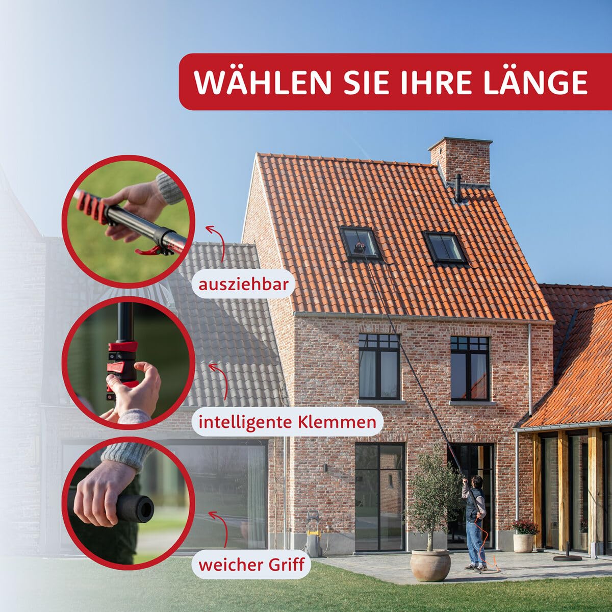 Aquascopic Aluminium Teleskopstange mit Schrubbbürste & 5-Flächenbürste - Fensterputzer längenverstellbar - Bis zu 7,2m - Profi Fensterreiniger für hohe Fenster, Fassaden- & Dachreinigung