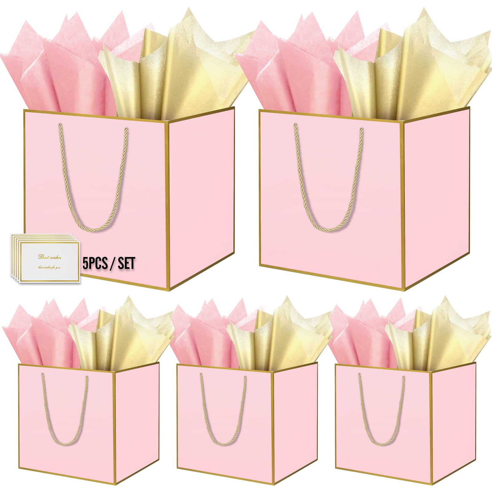 HONTIUS 11.8'' Square Large Gift Bag, Pink Extra Large Gift Bag Bags for Presents Big Paper Bag with Tissue Paper Cards, 30cm Wedding Birthday Party Present Bridesmaid Gift Gifts Bag for Women 5PCS