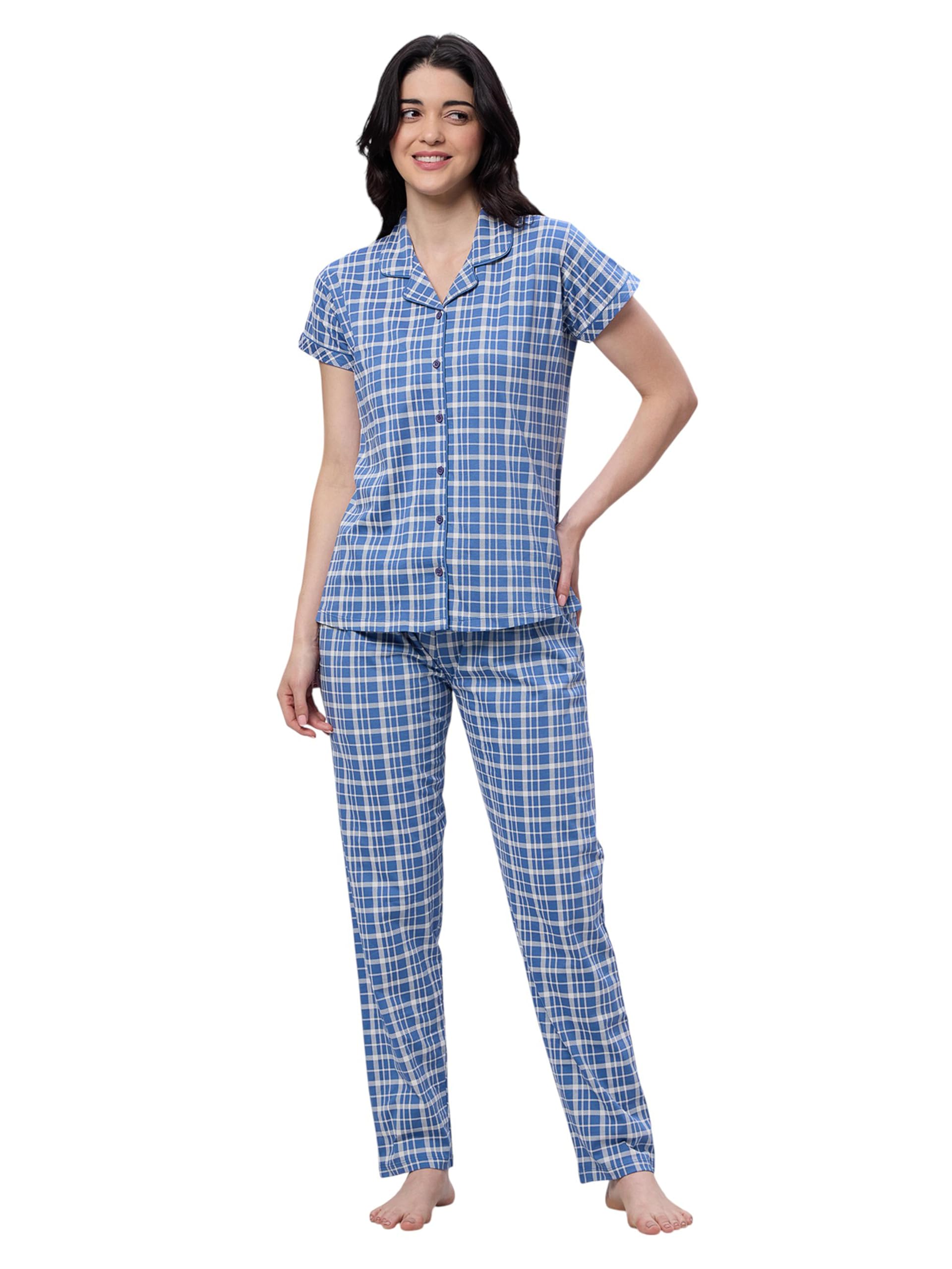 lotik Women's Cotton Checkered Print Shirt & Payjama Half Sleeve Nightsuit Set-picture-17