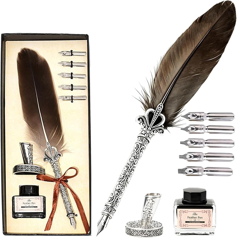 Joyeee Grey Writing Quill and Ink Set, With Elegant Antique Feather Fountain Dip Pen, Black Ink Pot, Stainless Steel Nibs, Collectible Keepsake Gift Box, Nice Luxury Office Gift for Colleagues Clients