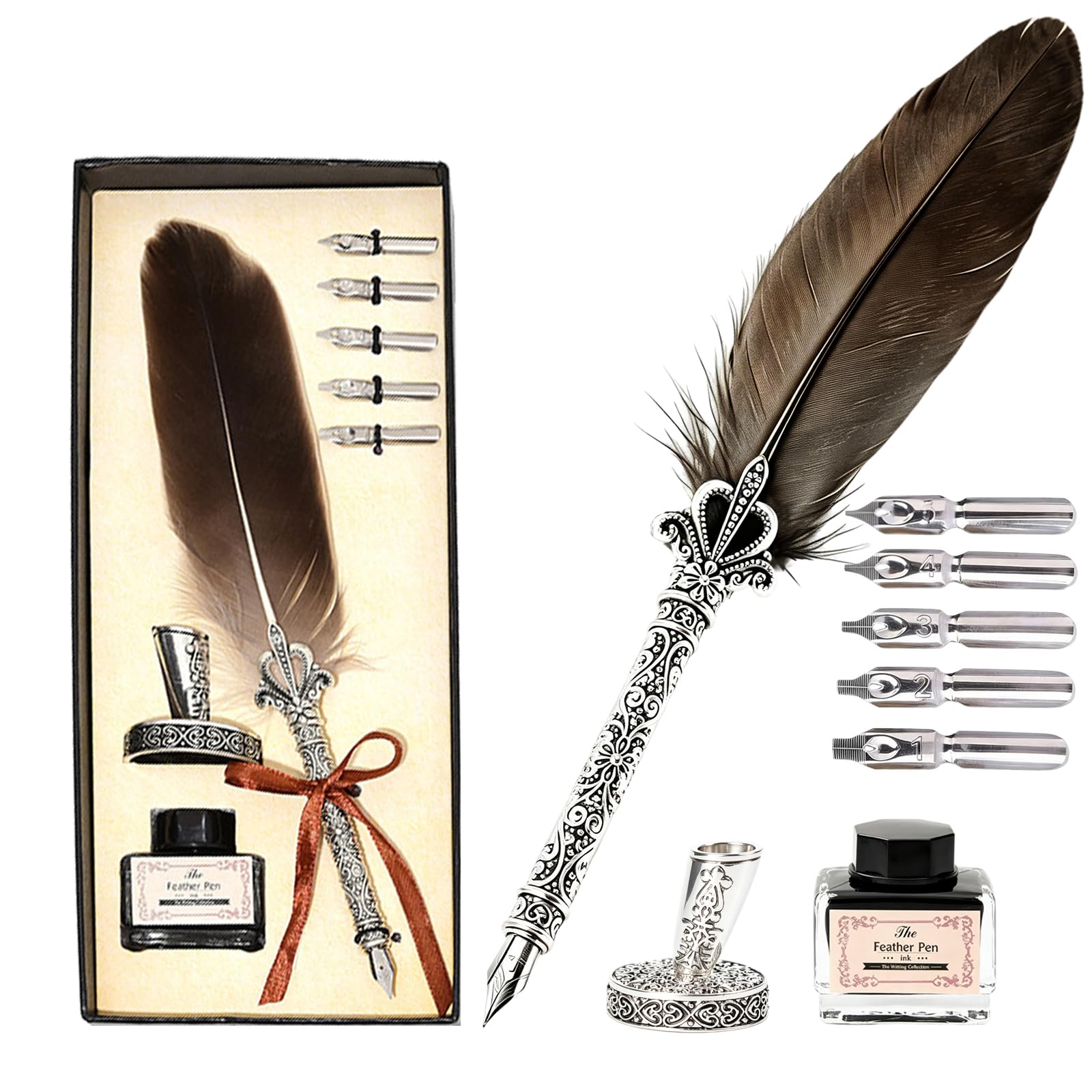 Joyeee Grey Writing Quill and Ink Set, With Elegant Antique Feather Fountain Dip Pen, Black Ink Pot, Stainless Steel Nibs, Collectible Keepsake Gift Box, Nice Luxury Office Gift for Colleagues Clients