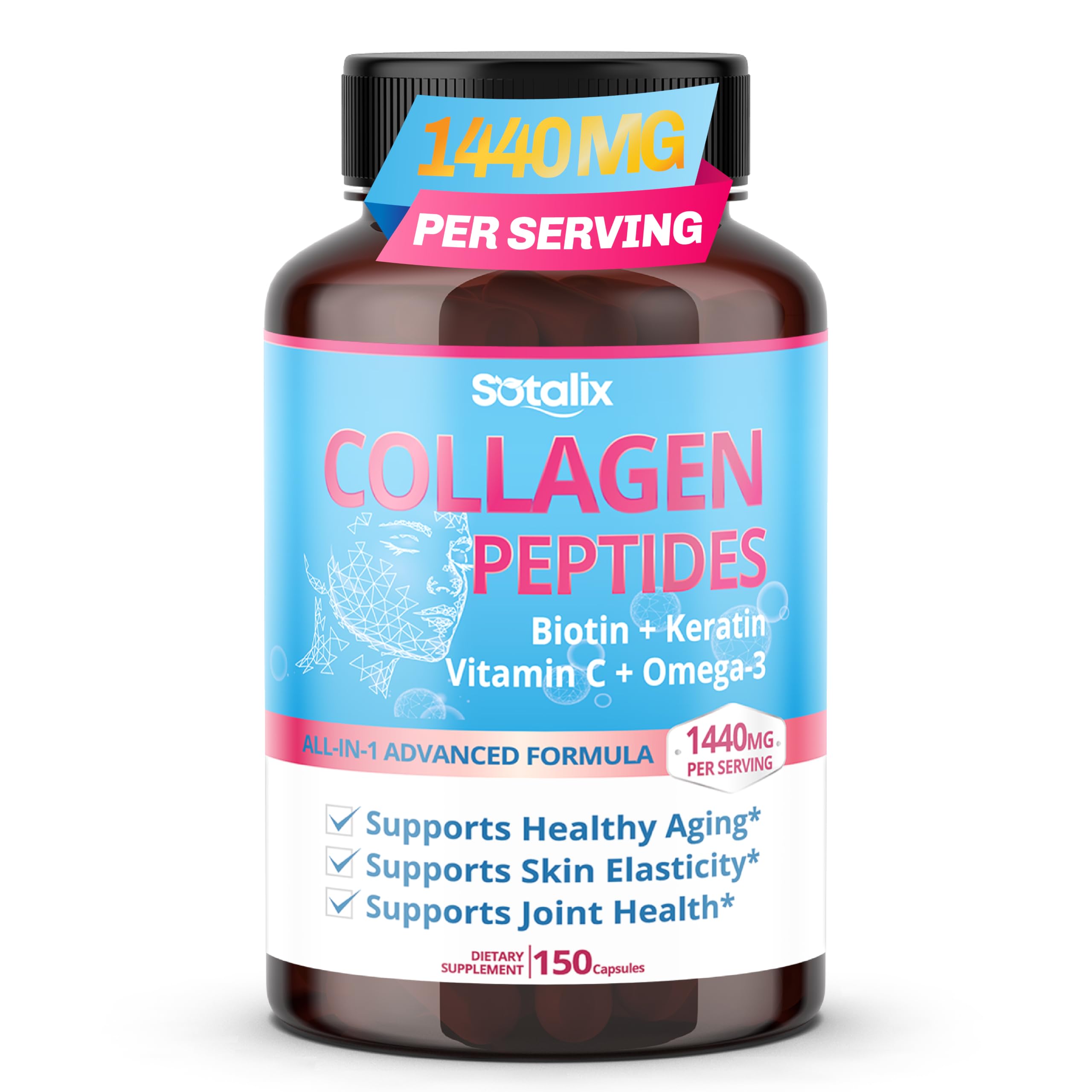 Sotalix Collagen Peptides 1,440 mg with Biotin, Keratin & HA, 150 Capsules