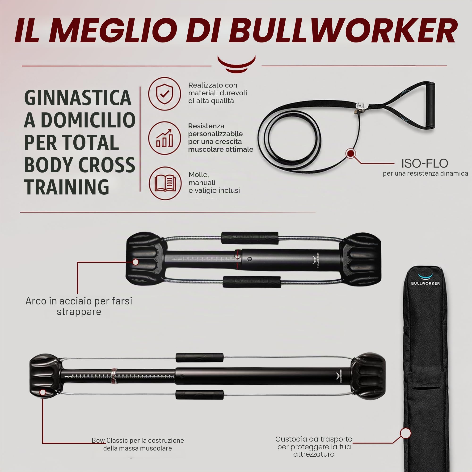 Bullworker Power Pack - Attrezzo per esercizi isometrici – Bow Classic 91,4 cm, arco in acciaio 50,8 cm e cinghie ISO-FLO per allenamento in sospensione, palestra a casa per uomini e donne