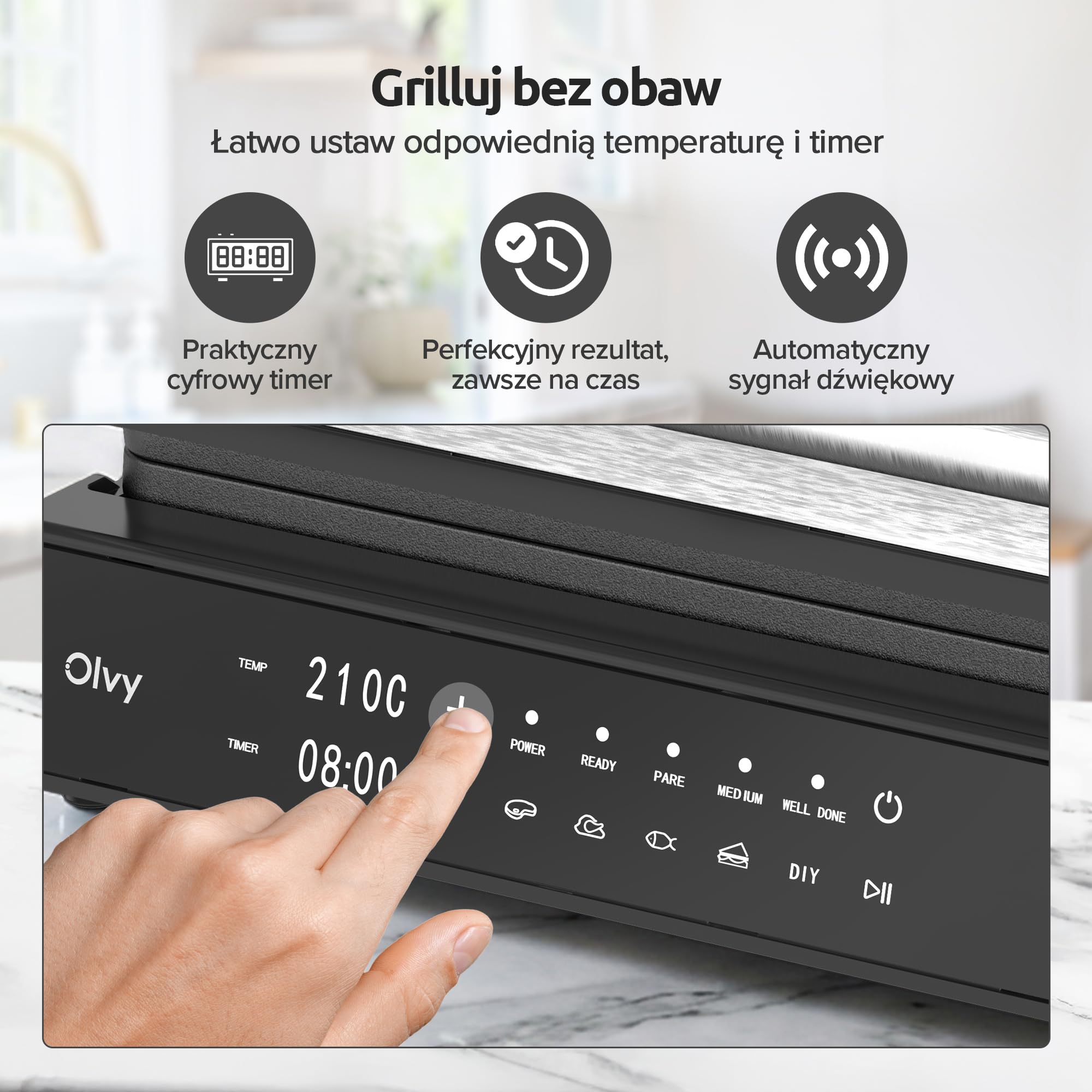 Olvy Grill kontaktowy z ekranem dotykowym, bez PFAS, 5 automatycznych programów, otwór 180°, 2000 W, zdejmowane płyty nieprzywierające, termostat i timer – panini, kanapka, stek i warzywa