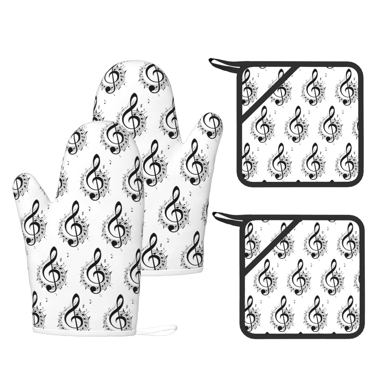 Music12 Printed Potholder and Oven Mitt Set of 4, High Heat Resistant Cooking Gloves for BBQ Grilling