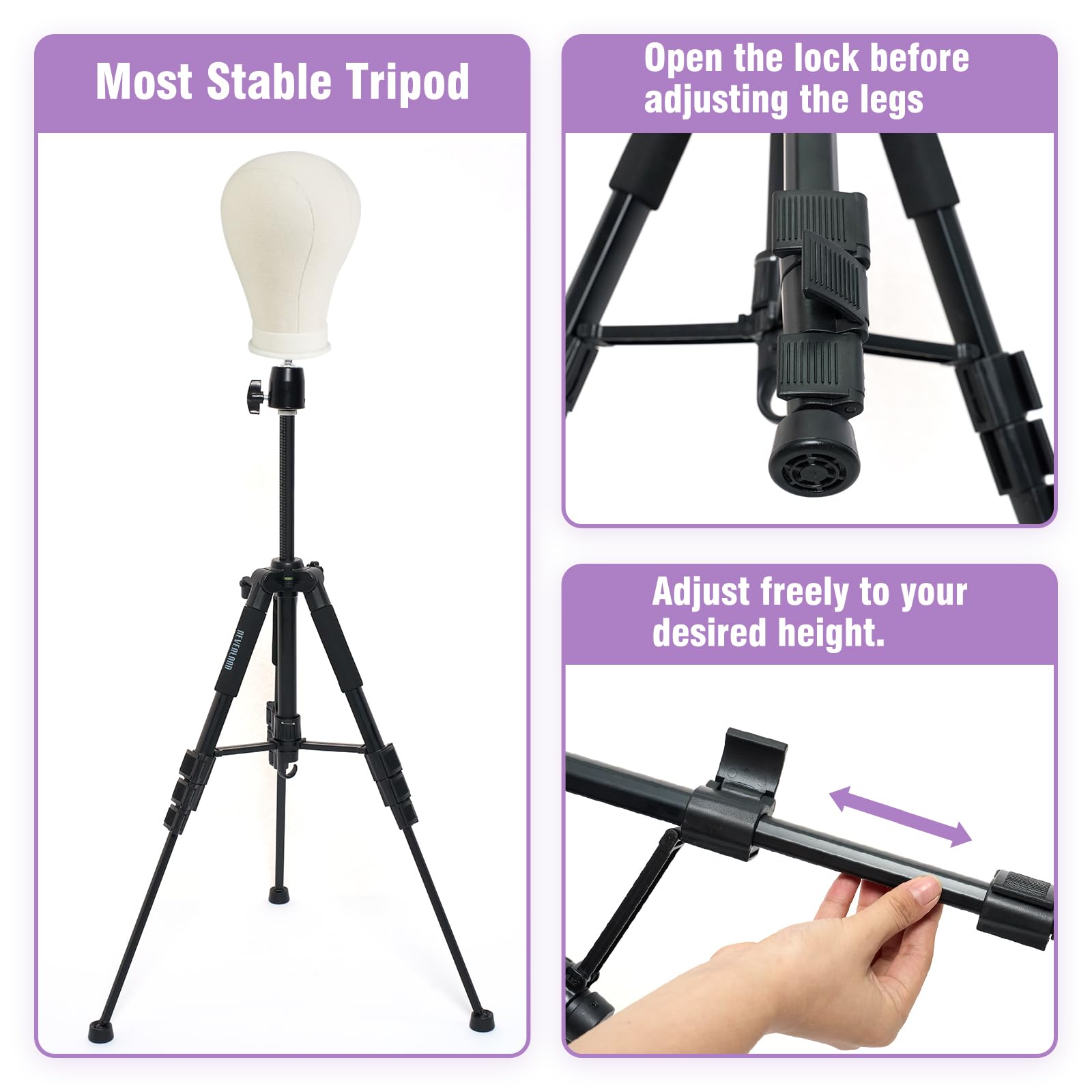 Supporto per parrucca da 52" (132cm), con base antiscivolo, supporto per parrucca regolabile ad alta resistenza, con ganci, per manicomio, con set di pin, per parrucca, pettine per capelli
