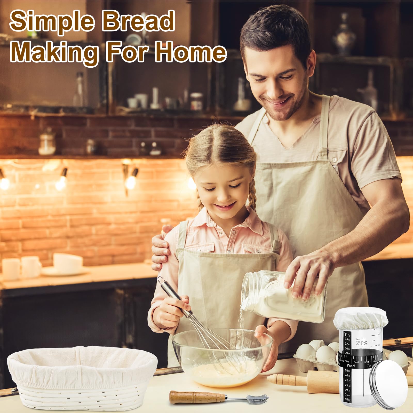 Lot de 12 Kit Complet de Levain avec 2 Paniers de Pousse | Comprend 2 Paniers Ovale 25cm et Rond 23cm, Toile Silicone, Pot à Levain, Mélangeur à Pâte, Raclette, Corne
