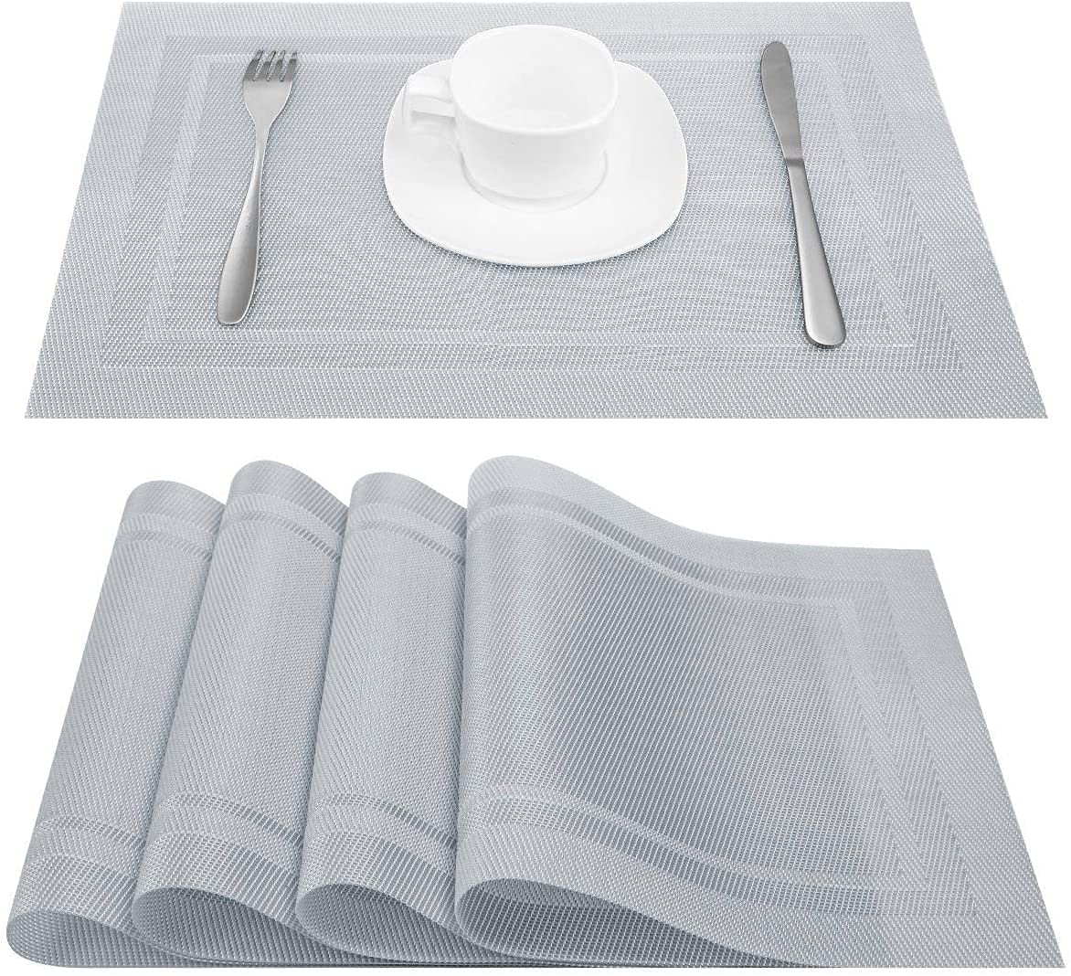 ARTAND Silver Table Mats Set of 4 Woven Vinyl Place Mats for Dinner Table - Washable & Durable Indoor/Outdoor Use - 4 Pcs, 01 Silver