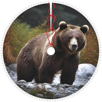 Brown Bear Print Christmas Tree Skirt with Pom Pom Trim Soft Plush Tree Skirt Ornaments Christmas Tree Mat for Xmas New Year Holiday Decoration 30"
