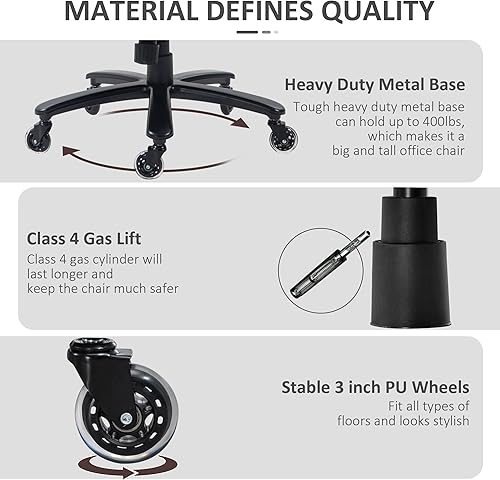 Miniatura 5 de Vinsetto Silla de oficina ejecutiva de 400 libras para personas grandes y altas, silla de escritorio de piel sintética con altura ajustable, ruedas