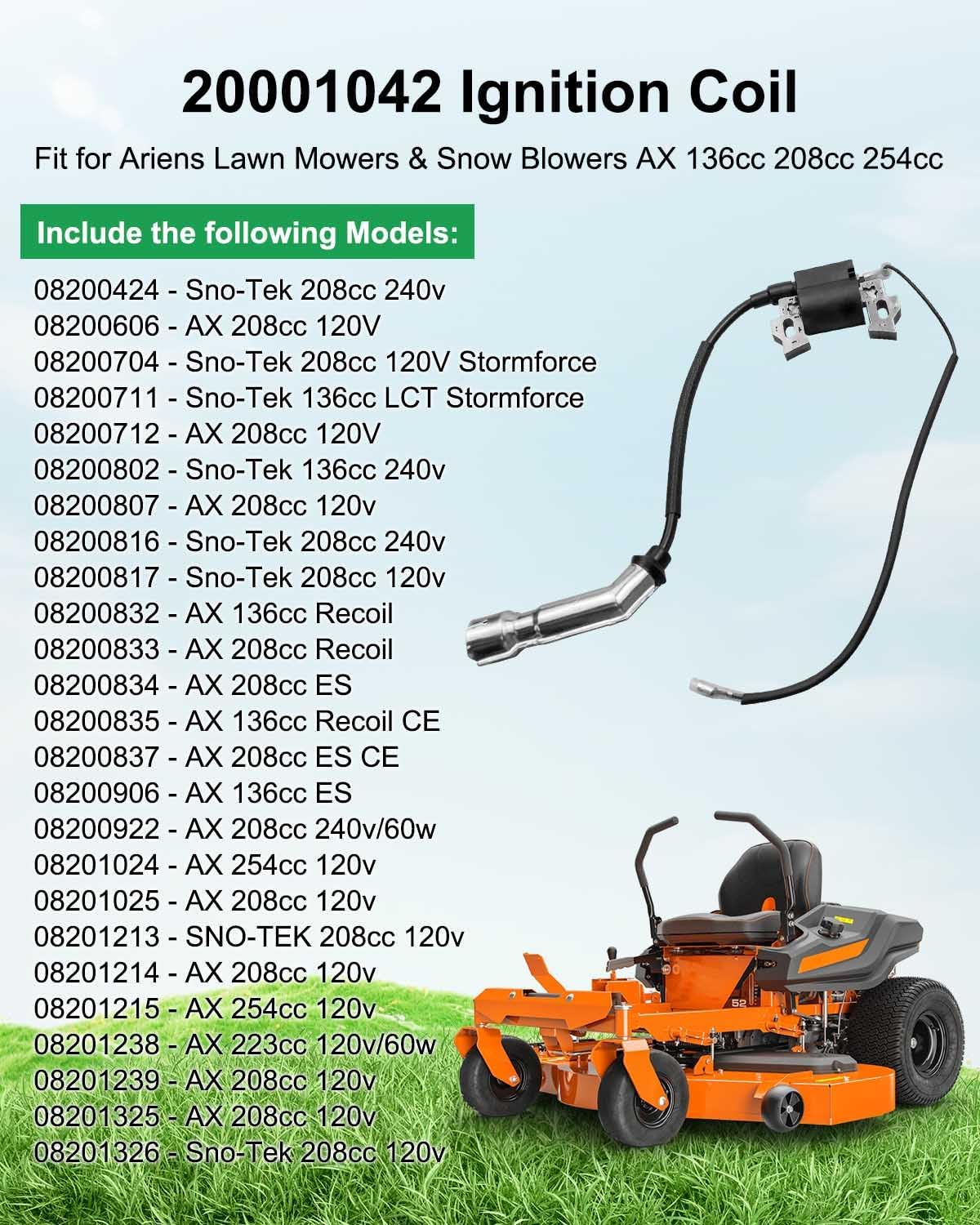 20001042 Ignition Coil Compatible with Ariens Lawn Mowers and Snow Blowers AX 136cc 208cc 254cc Spark plug wire 8.5 Inches