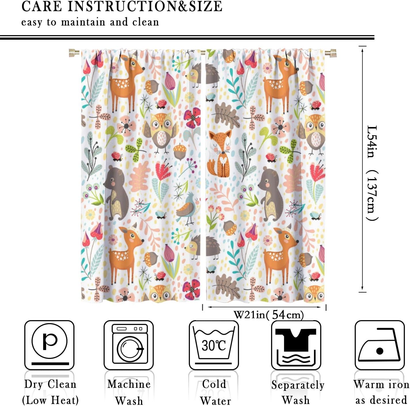 Kids Forest Animal Curtains,Each Panel W21 x 54L,Baby Room Cartoon Animal Cute Bear Deer Fox Curtains for Boys Girls Bedroom Living Room Nursery Study 2 Panels Total Size 42 x 54 Inch