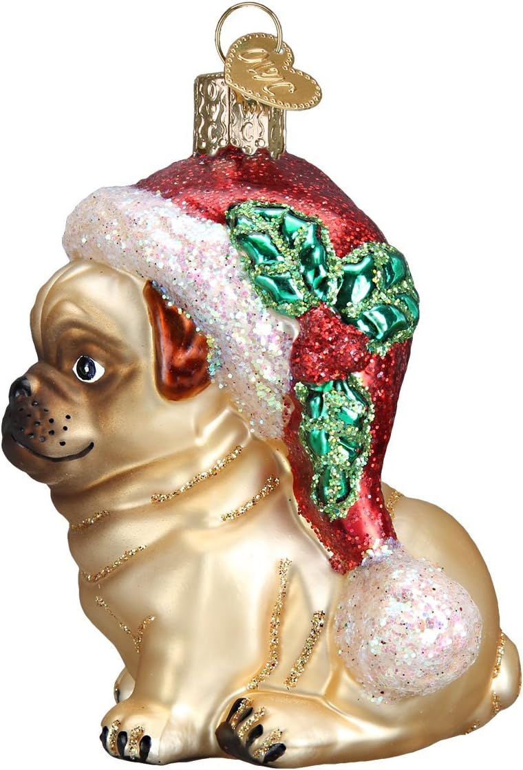 Old World Christmas Ornaments: Holly Hat Pug Glass Blown Ornaments for Christmas Tree (12430)