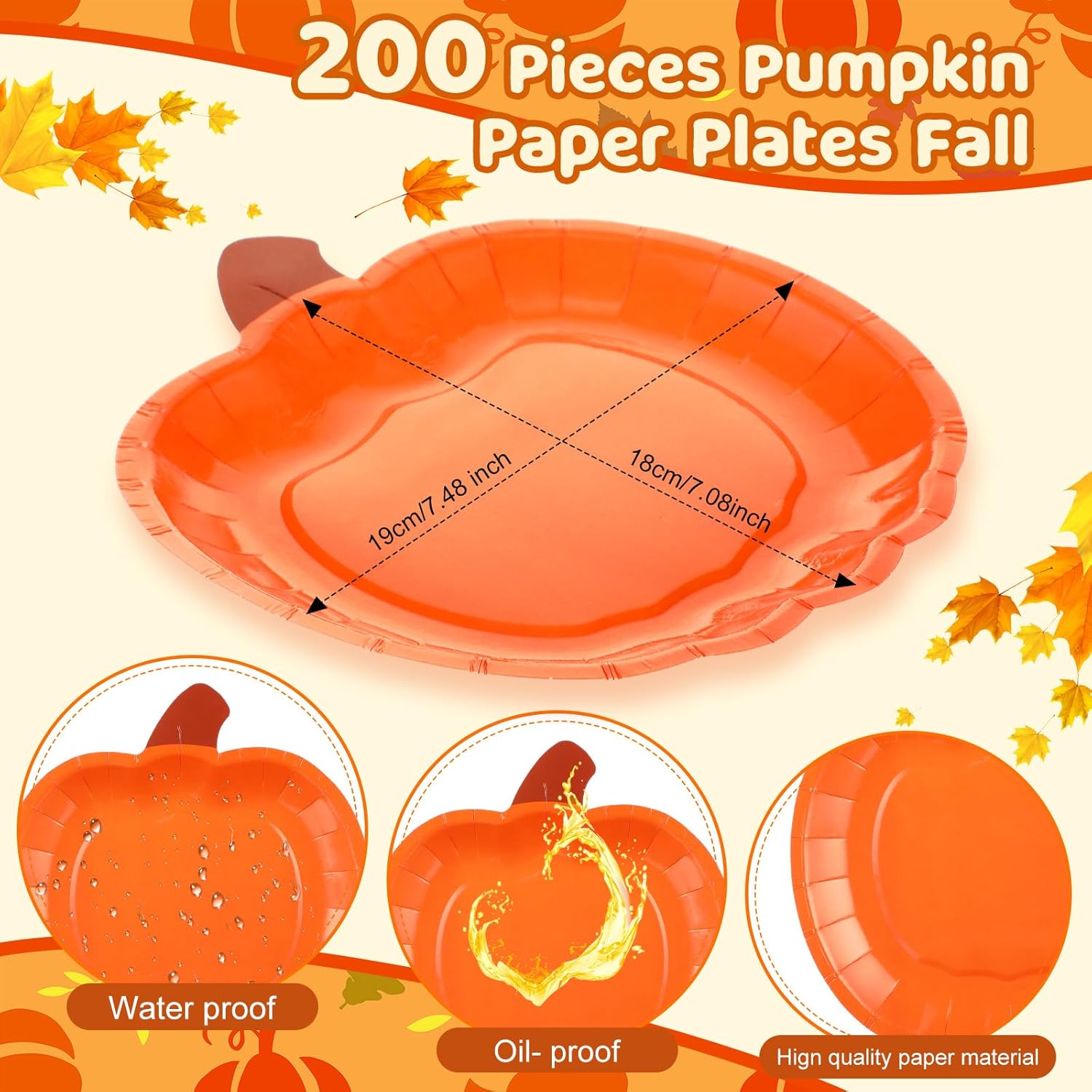 Uiifan 200 Pieces Pumpkin Paper Plates Fall Disposable Plates 7.48 Inch Thanksgiving Themed Orange Party Dinner Plates Orange Pumpkin Shape Plates for Fall Thanksgiving Catering Events Party Favors