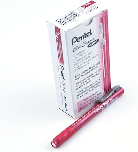 Pentel Clic - Empuñadura de borrador, borrador retráctil, barril rojo, caja de 12 unidades (ZE22B)