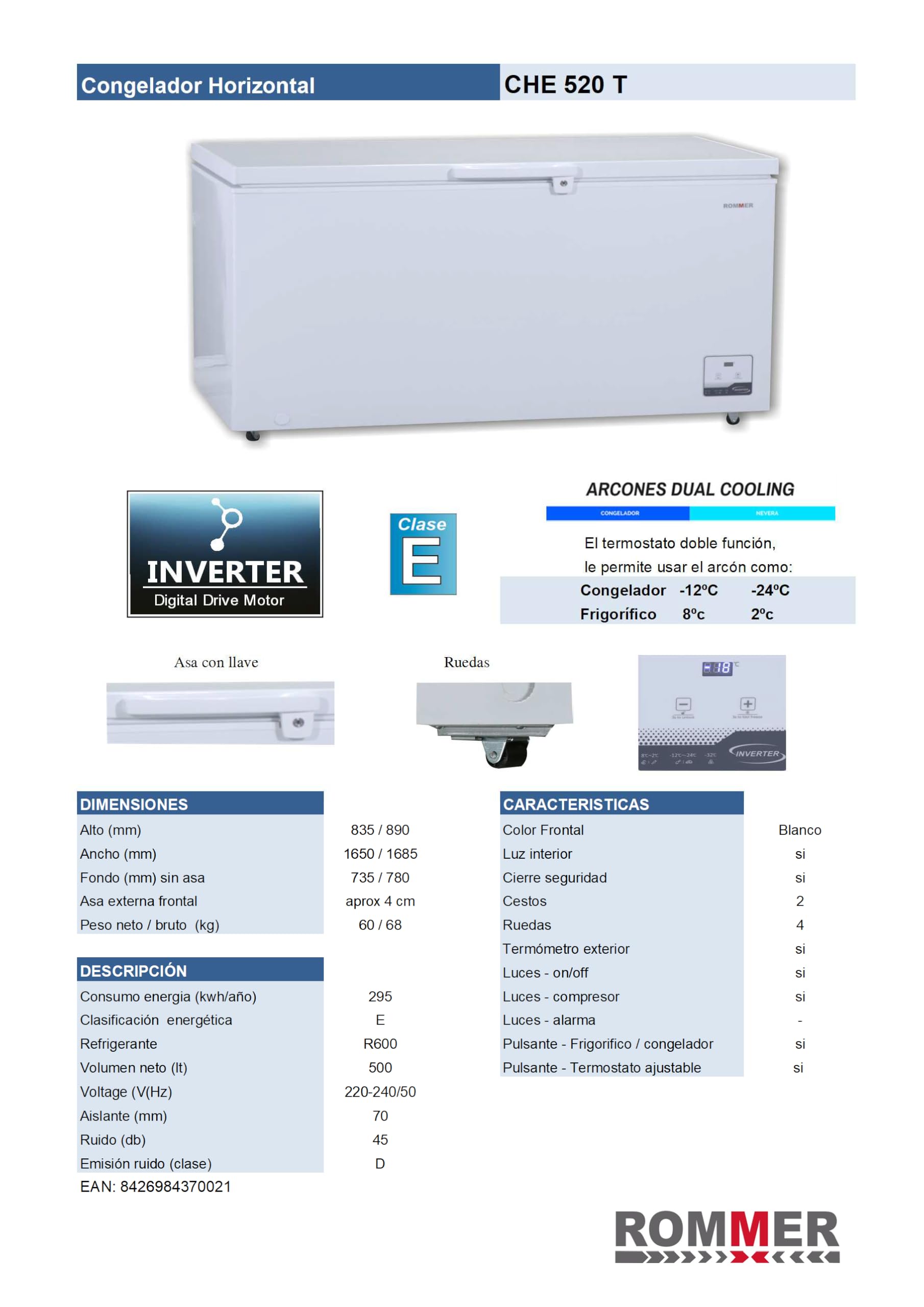 Congelador horizontal Rommer CHE 520 T, capacidad 500 litros, eficiencia energética clase E, color blanco