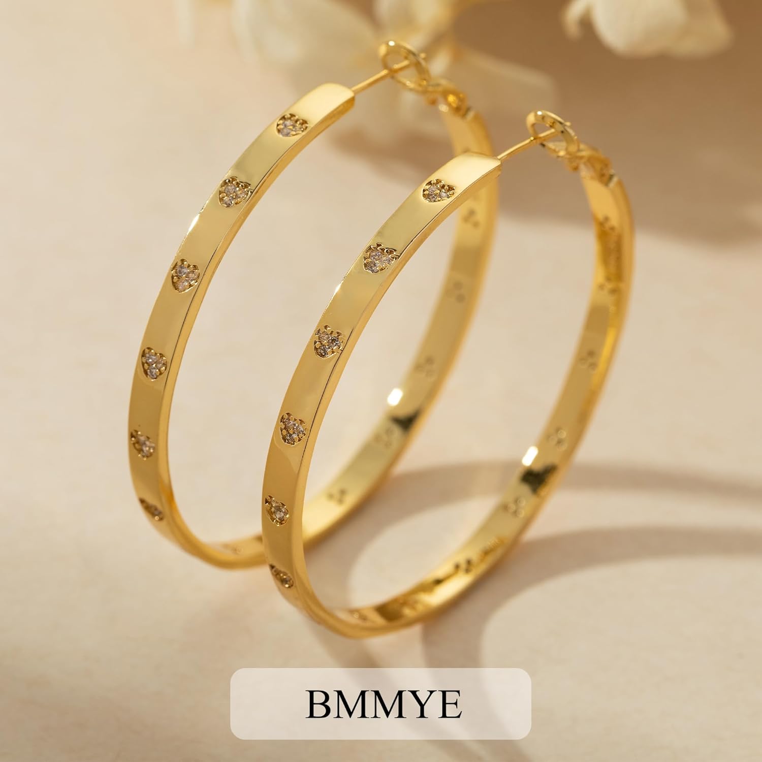BMMYE Sterling Silver Hoop Earrings for Women Lightweight Gold Hoop Earrings with Heart Cubic Zirconia 20/30/40/50/60/70mm Hypoallergenic Hoops - Image 6