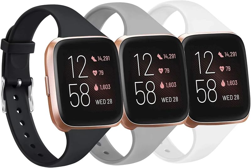 Tobfit Pack 3 Slim Bands Compatible with Fitbit Versa 2 Bands/Fitbit Versa/Fitbit Versa Lite/SE, Silicone Replacement Smartwatch Wristband for Women Men, Small, Black/Gray/White