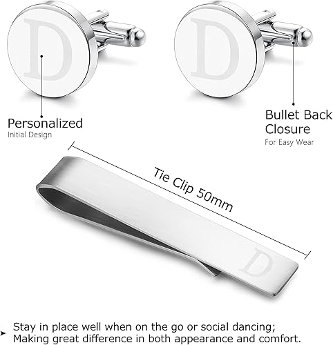 Miniatura 3 de LOYALLOOK - Gemelos de acero inoxidable grabados con inicial y clip de corbata diseño de letras del alfabeto con caja de regalo A-Z