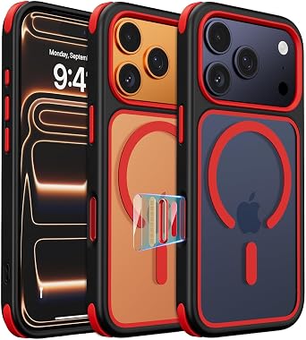 Mobnano for iPhone 17 Pro Case, Compatible with MagSafe, Crystal Clear Case with Magnetic Ring, Multicolor Protective Shockproof Bumpers, Not Yellowing Slim Cover for Men Women - Black/Red