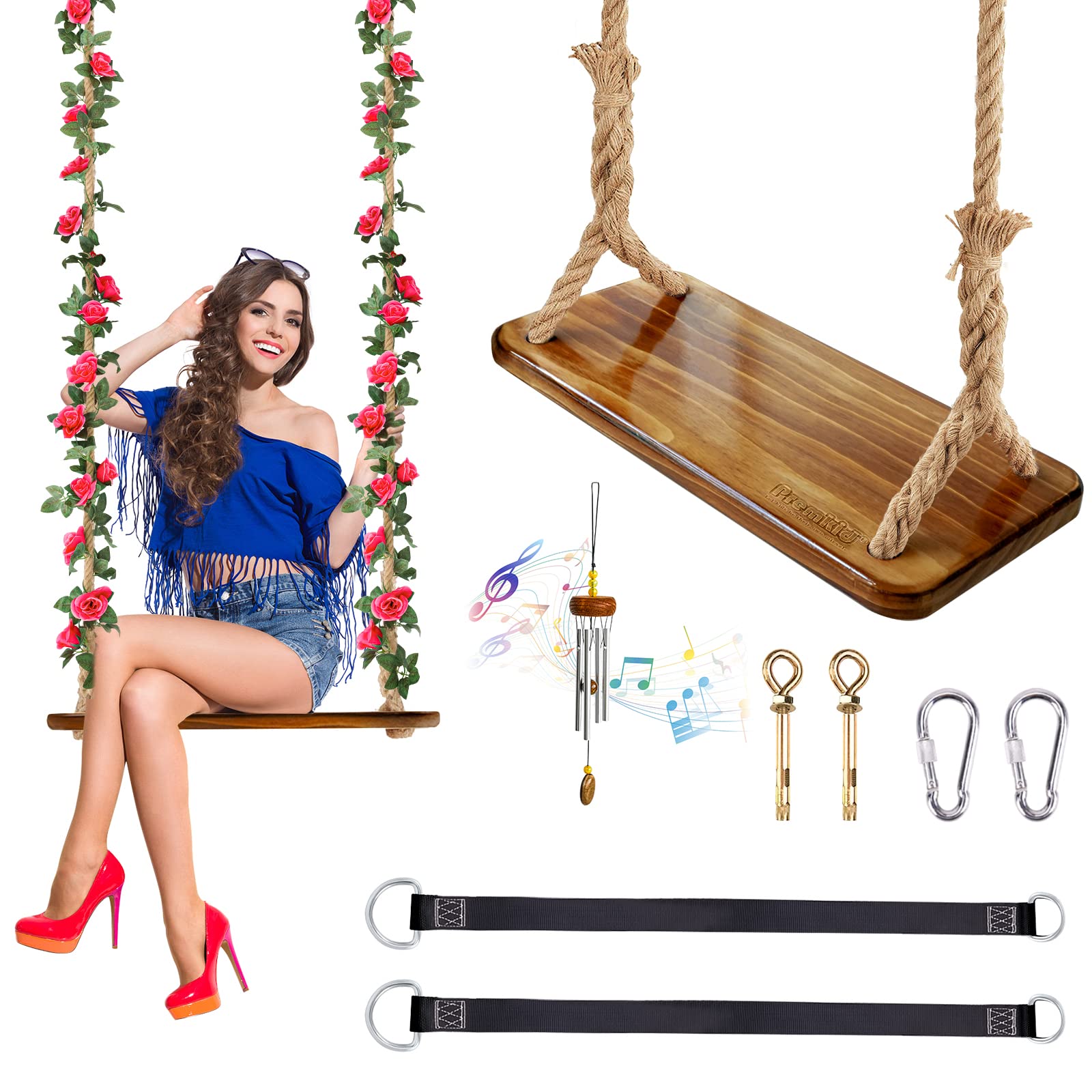 Premkid Carbonized Wooden Swing, Swing Seat 18"x 8"x 1", Tree Swing for Adults and Kids with 450lbs Load, Adjustable Hemp Rope Plus Tree Straps 100 in, Swing Set for Indoor & Outdoor with Rose Garland