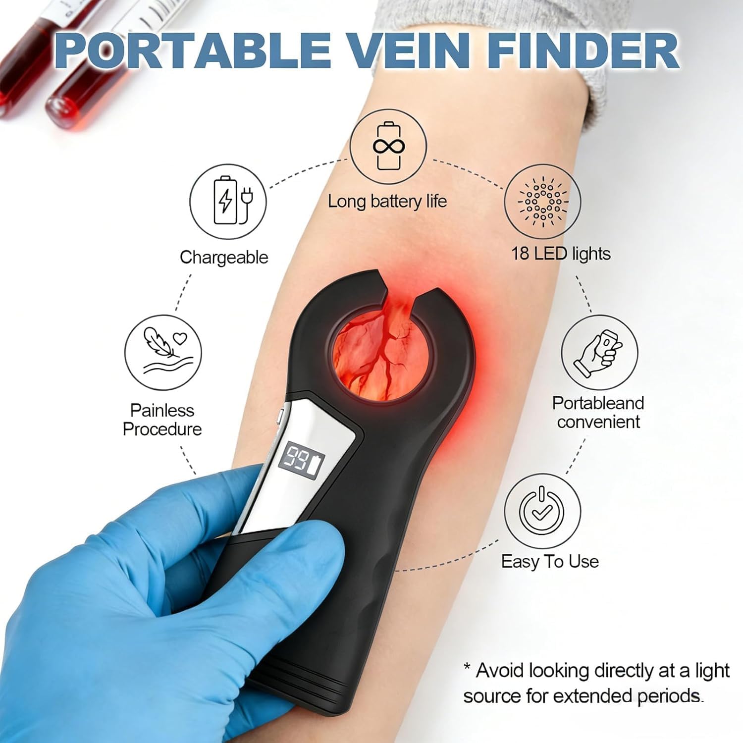 KSWEGKC Portable Vein Finder for IV Access,Professional Rechargeable Handheld Vein Locator with 1–99 Brightness Levels for Nurses,Clinics & Home Use,Suitable for All Skin Types,Digital Display - Black