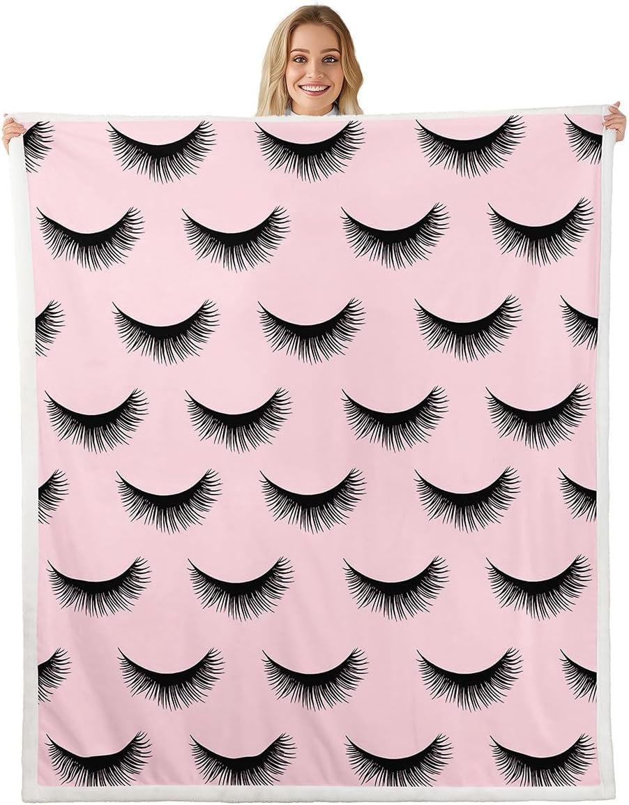 Feelyou Eyelash Fleece Throw Blanket Girls Lash Sherpa Blanket for Kids Women Men Plush Fuzzy Pink and Black Twin 60"x80" for Bed Couch Chair Living Room Bedroom Decor