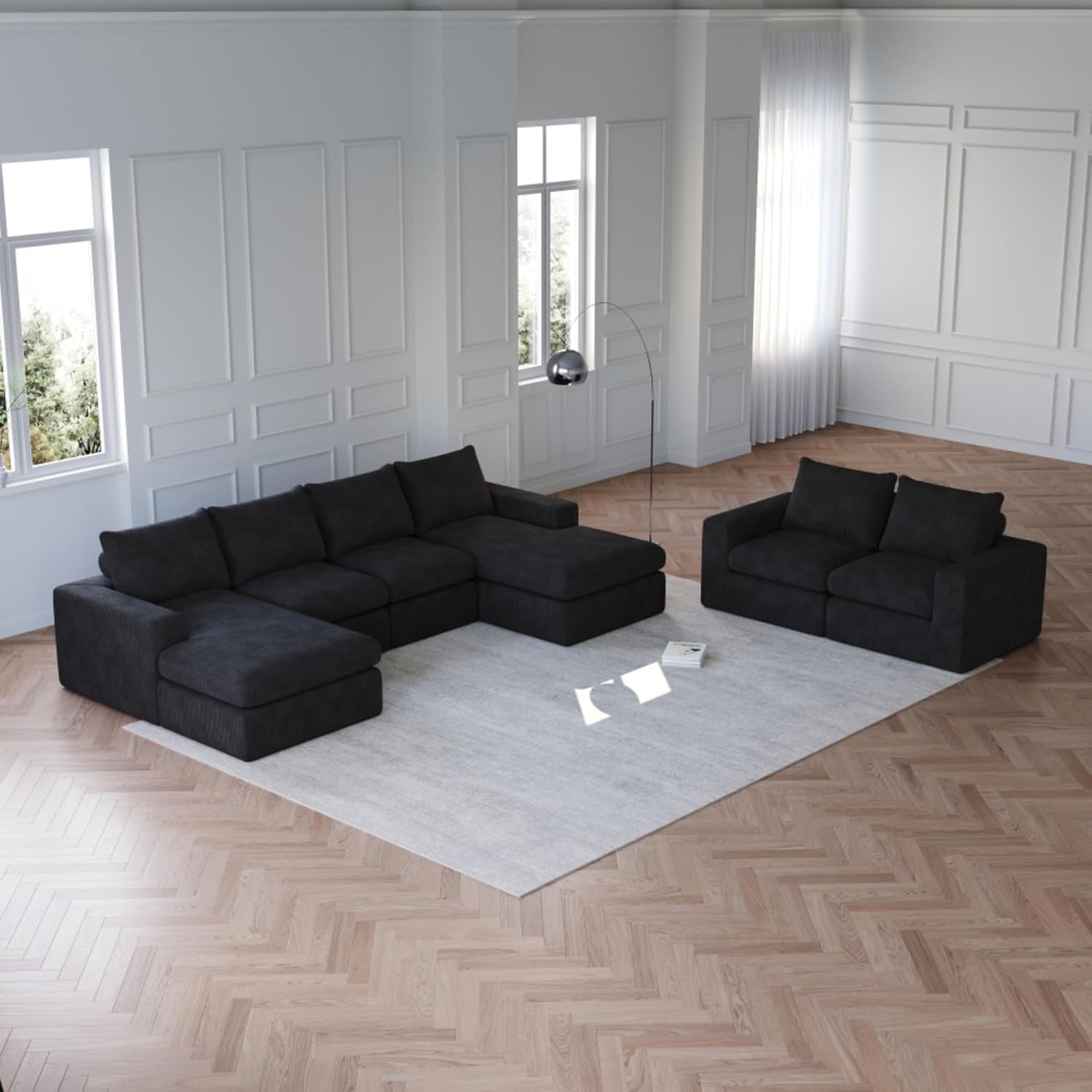 Corduroy Cloud L-Shaped Sectional Sofa with Double Cushion Slow Rebound Sponge Support Free Combination Modern Upholstered Couch for Living Room Bedroom (Black,6 Seat)