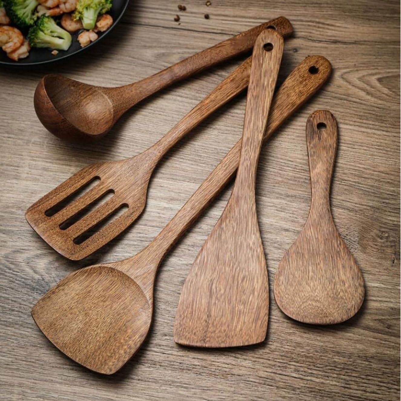 Wood Cookware Dining Spoons for Cooking Spatulas Cooking Utensils Spatulas Spoons 5 Pieces Sets Gadgets Kitchen Tools