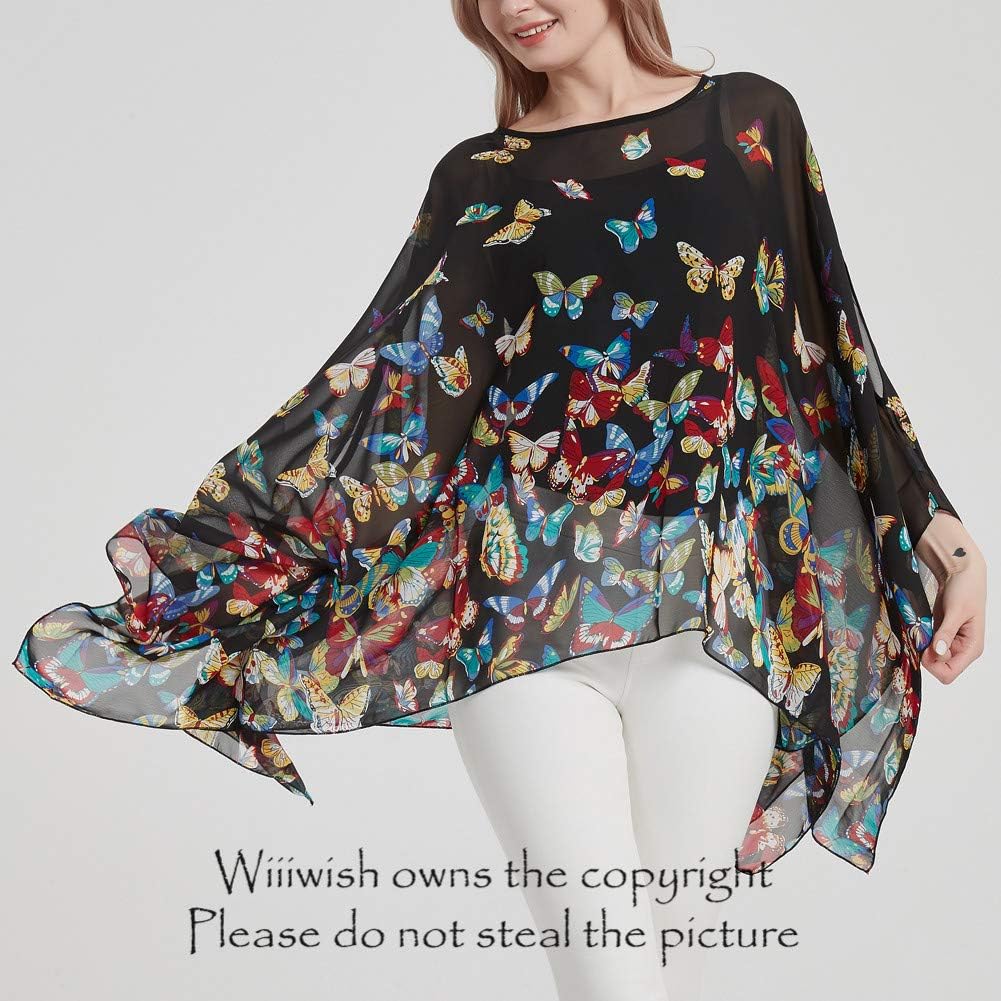 Wiiiwish Women's Floral Chiffon Blouse Batwing Summer Hippie Sheer Loose Caftan Poncho Tunic Shirt Tops - Image 4