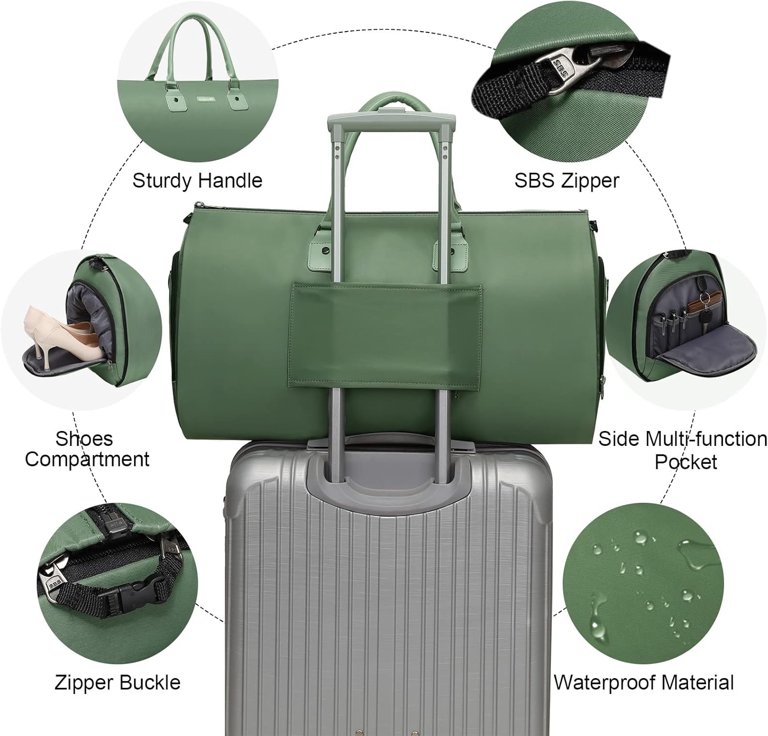 Modoker Eco-Friendly Convertible Garment Bags for Travel, Carry on Garment Duffel Bag for Women Men Weekender - 2 in 1 Hanging Suitcase Suit Travel Bags, Green - Image 4