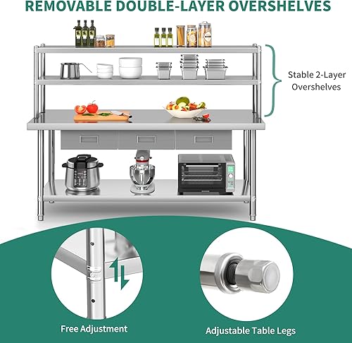 Miniatura 4 de YITAHOME Mesa de acero inoxidable de 72 x 24 pulgadas con estantes y cajones, mesa de trabajo con estante de 72 x 12 pulgadas y 3 cajones, mesa de