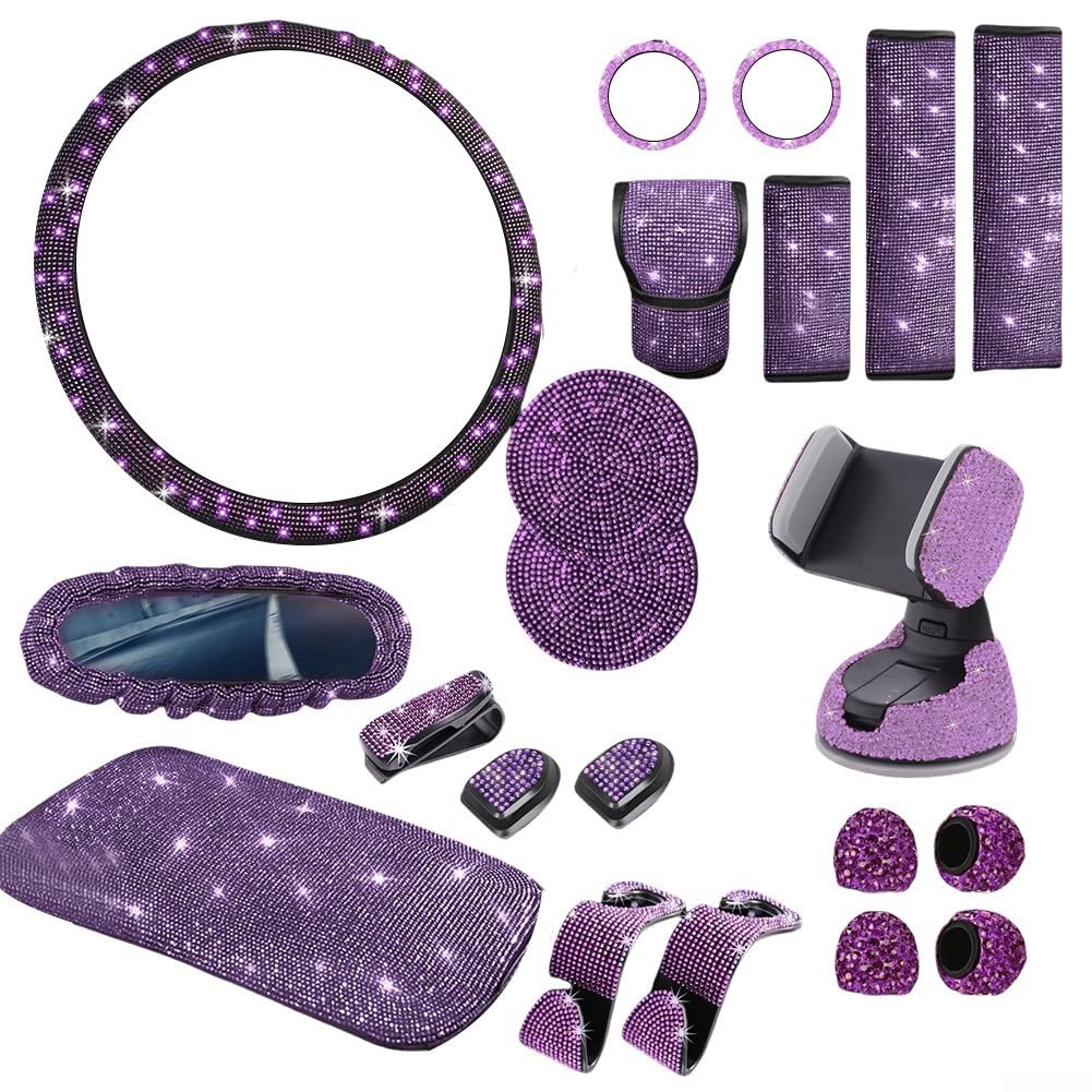 Set di 21 accessori per interni auto con copertura per volante in ultra velluto e strass, cuscinetti per cintura di sicurezza, supporto per telefono con diamanti caldi, costa completa con diamanti