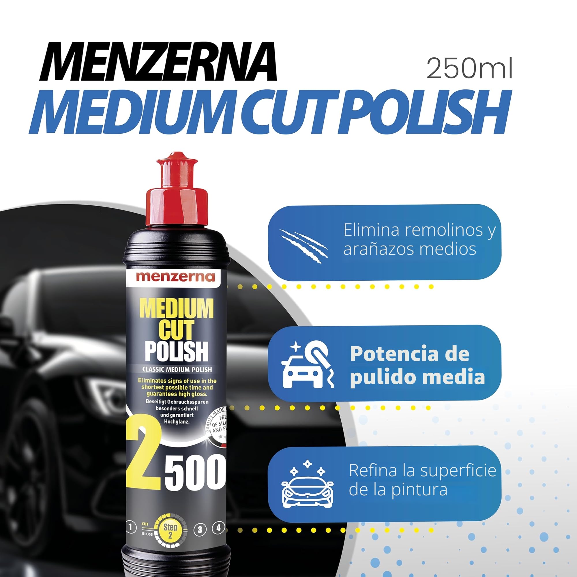 Menzerna Car Polish Set: Menzerna Heavy Cut Compound 1000 + Medium Cut Compound 2500 + Super Finish Plus 3800 + Power Lock Sachet 20ml + 4X Paño de Microfibra 40x40cm