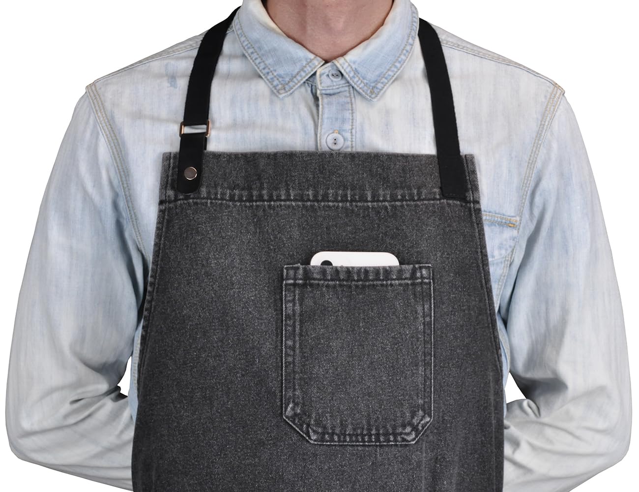 Delantal de chef profesional con bolsillos, delantal de mezclilla negro para cocina, cocina, parrilla, barbacoa, con lazo para toalla y correas ajustables para el cuello, Black Denim