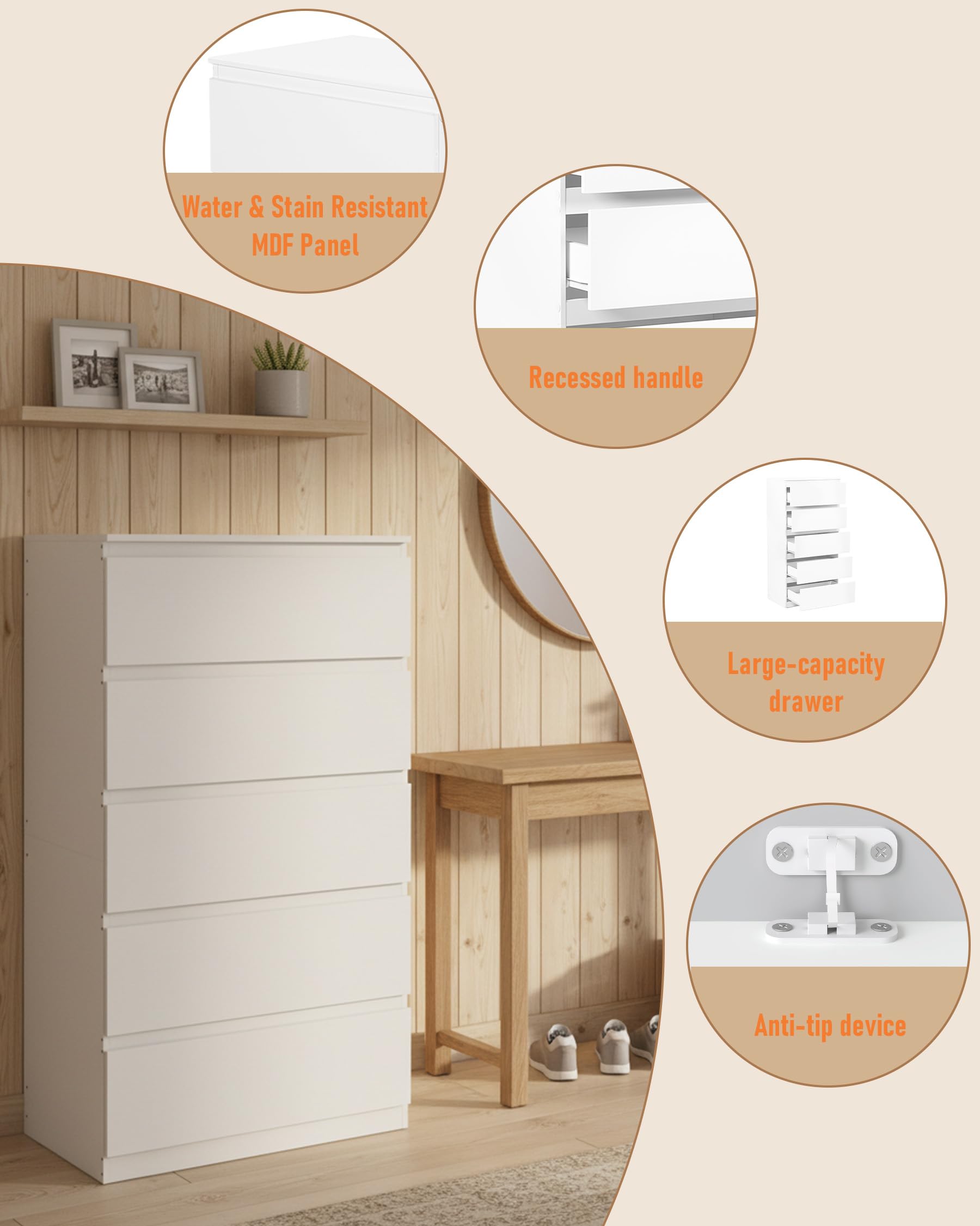 Cómoda blanca con 5 cajones, diseño sencillo, mucho espacio de almacenamiento para salón, dormitorio y estudio