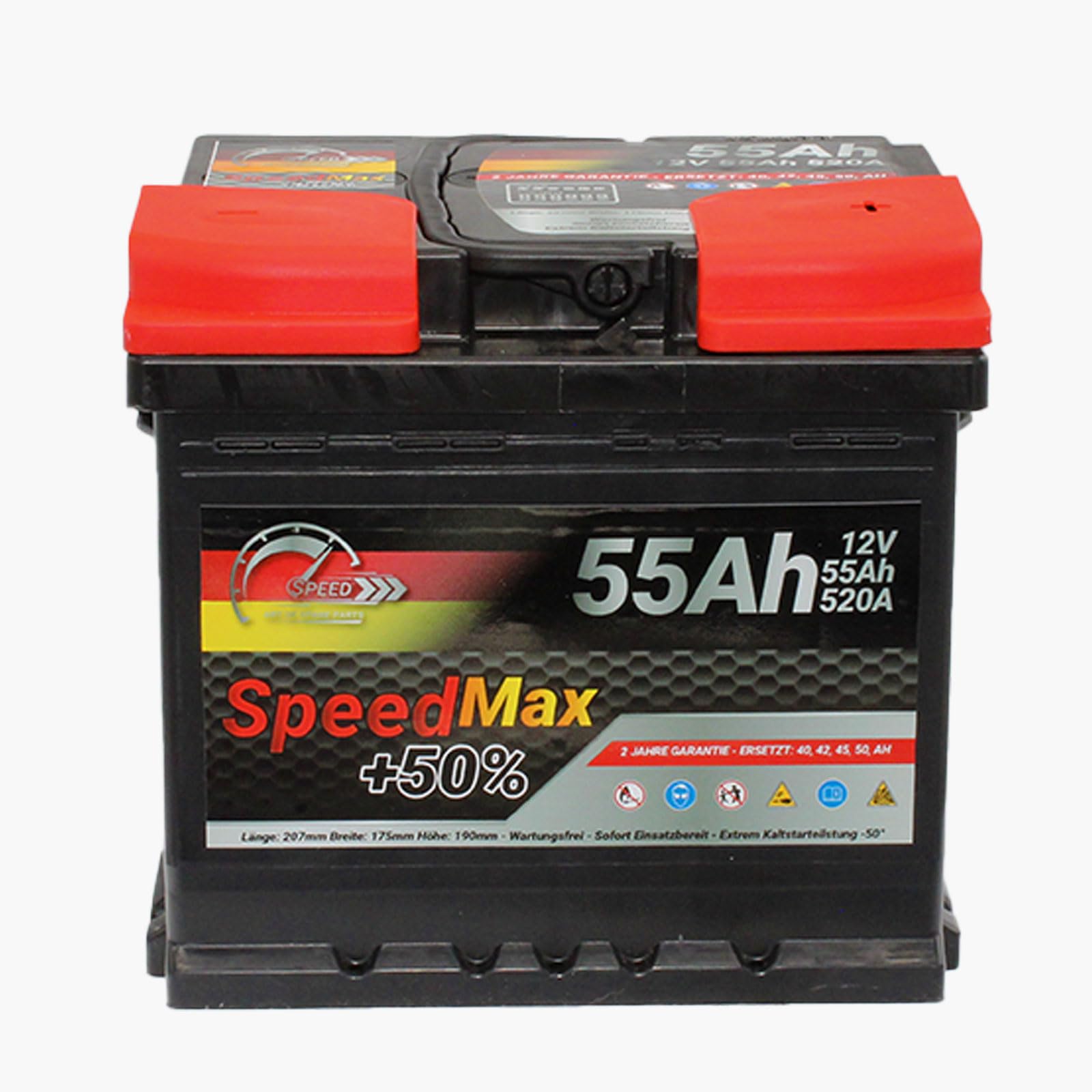 SMC Autobatterie Speed Max 55Ah L1 520A EN 12v PKW Ersetzt 44Ah 45Ah 50Ah 52Ah 54Ah 75Ah Starterbatterie wartungsfrei- Maße der Batterie: 20,7 x 17,5 x 19,0 cm - Pluspol rechts (DX+)