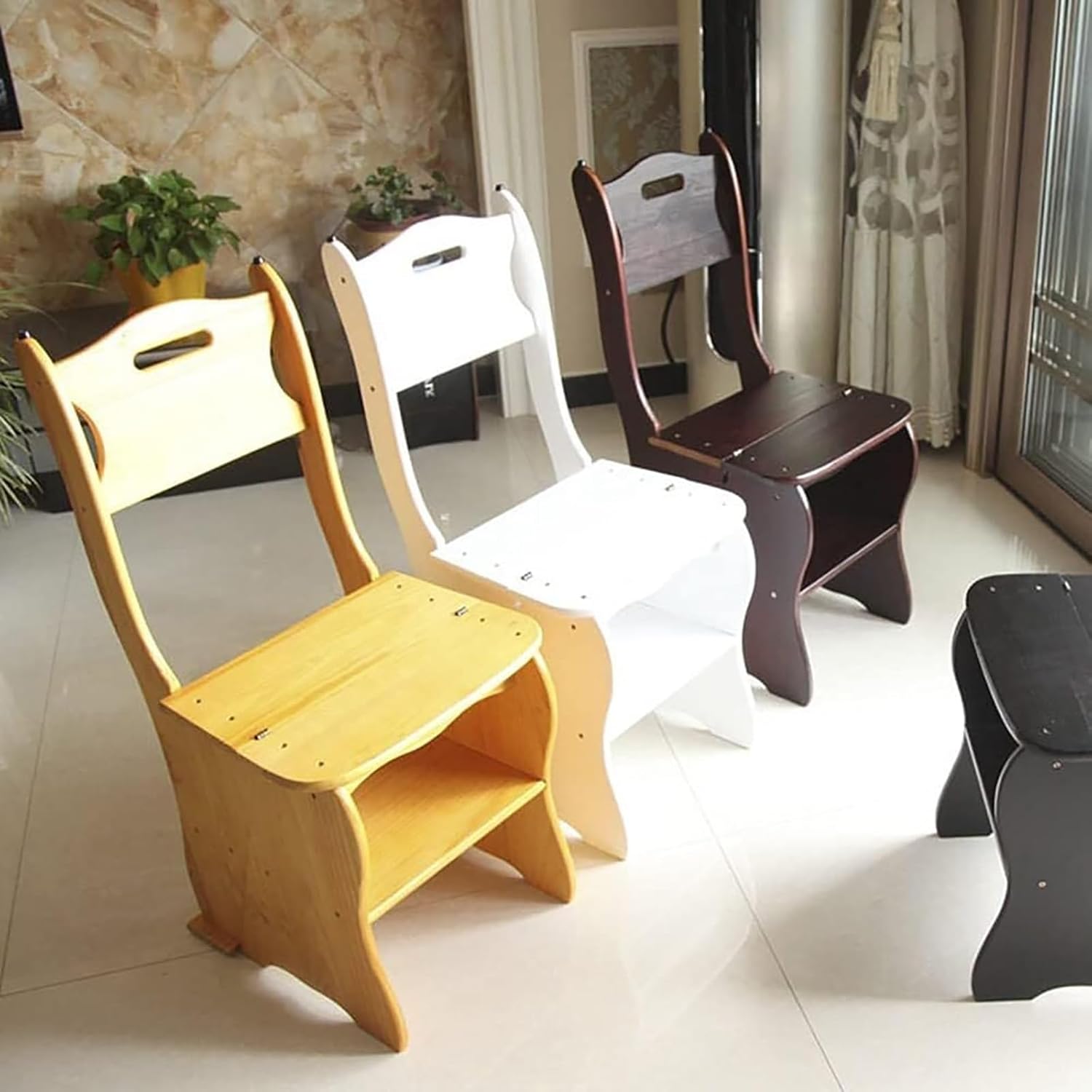 Multifunctional Library Ladder Chair Library Step Stool Chair Ladder Wood Foldable Step Stool Convertible 2 in 1 Foldable Lander Chair Portable 4-Step Stool for Home, Library, Office(Wood Color)