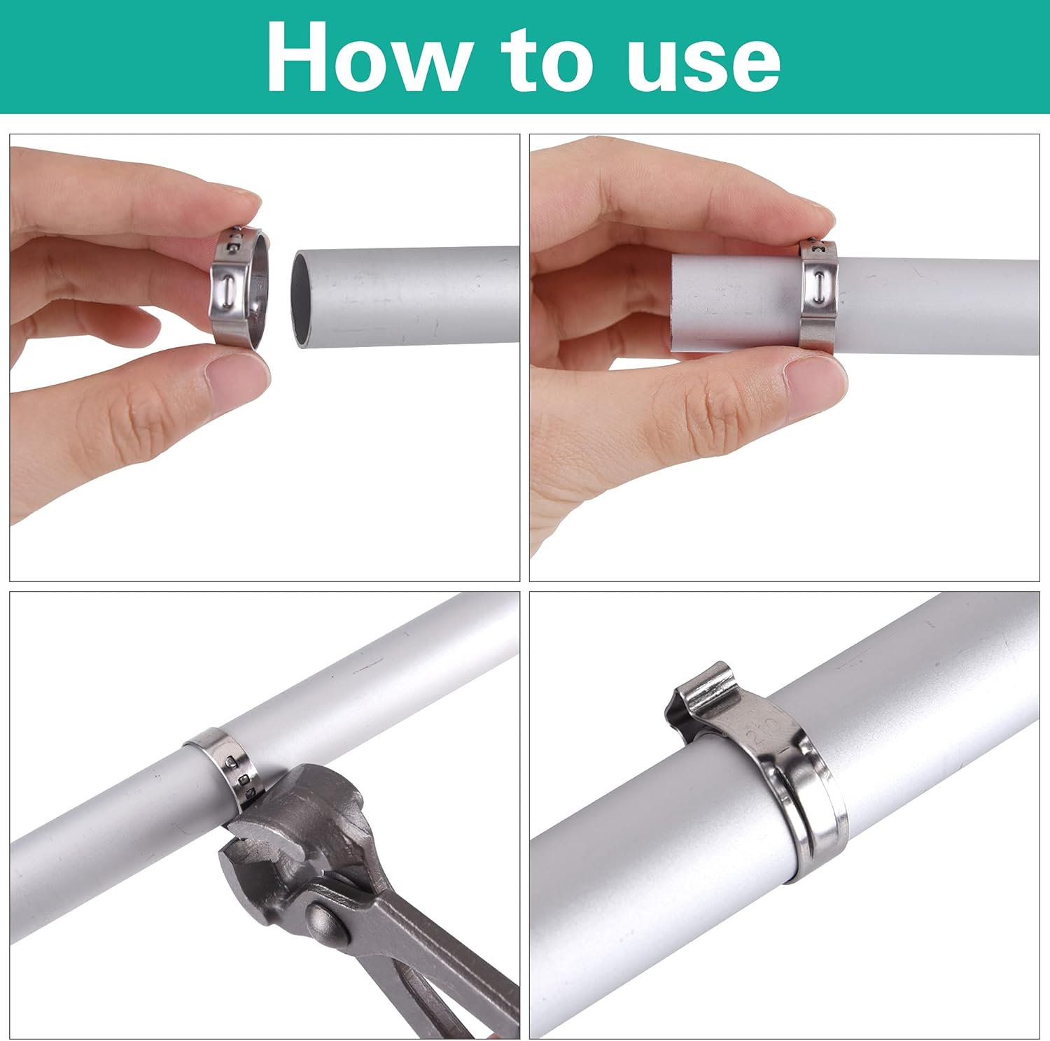 MIAHART 120Pcs Stainless Steel Single Ear Hose Clamps with Ear Clamp Pincer, Pack of 6 Hose Clamp 3“/4”/6“