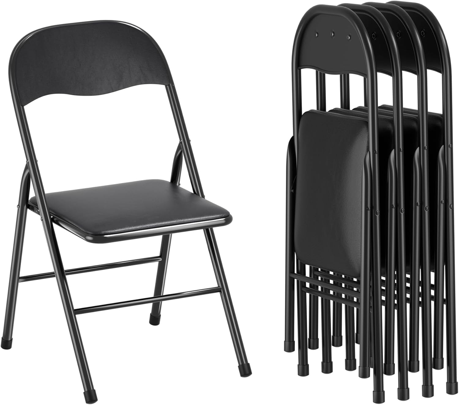VECELO Juego de 4 sillas plegables portátiles de metal con asientos acolchados de poliuretano suave para el hogar, oficina, fiesta, color negro
