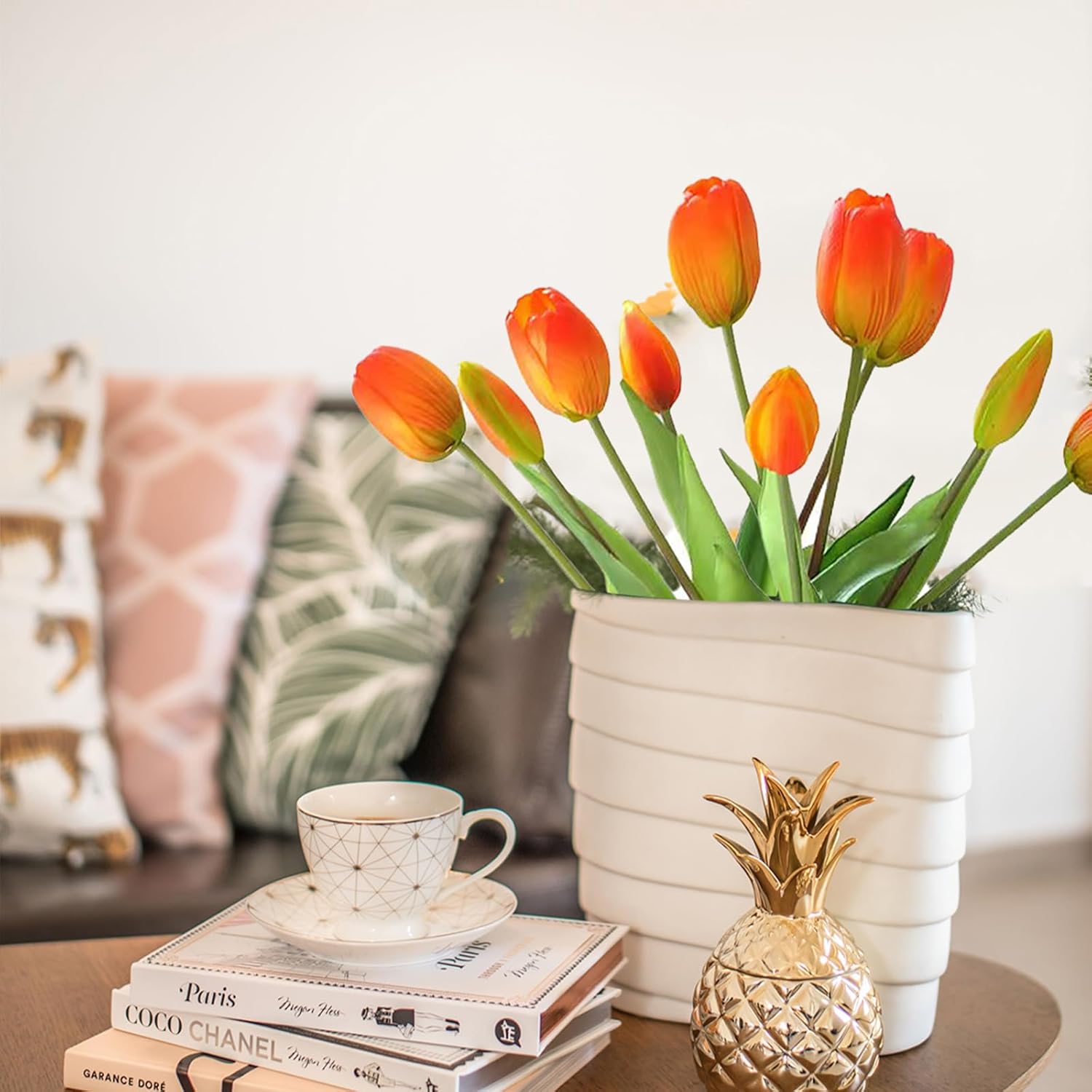 10 Pcs Fake Tulips Tulips Artificial Flowers Real Touch Fake Flowers Artificial Flower Bouquet for Home Table Party Wedding Decoration(Orange) - Image 2