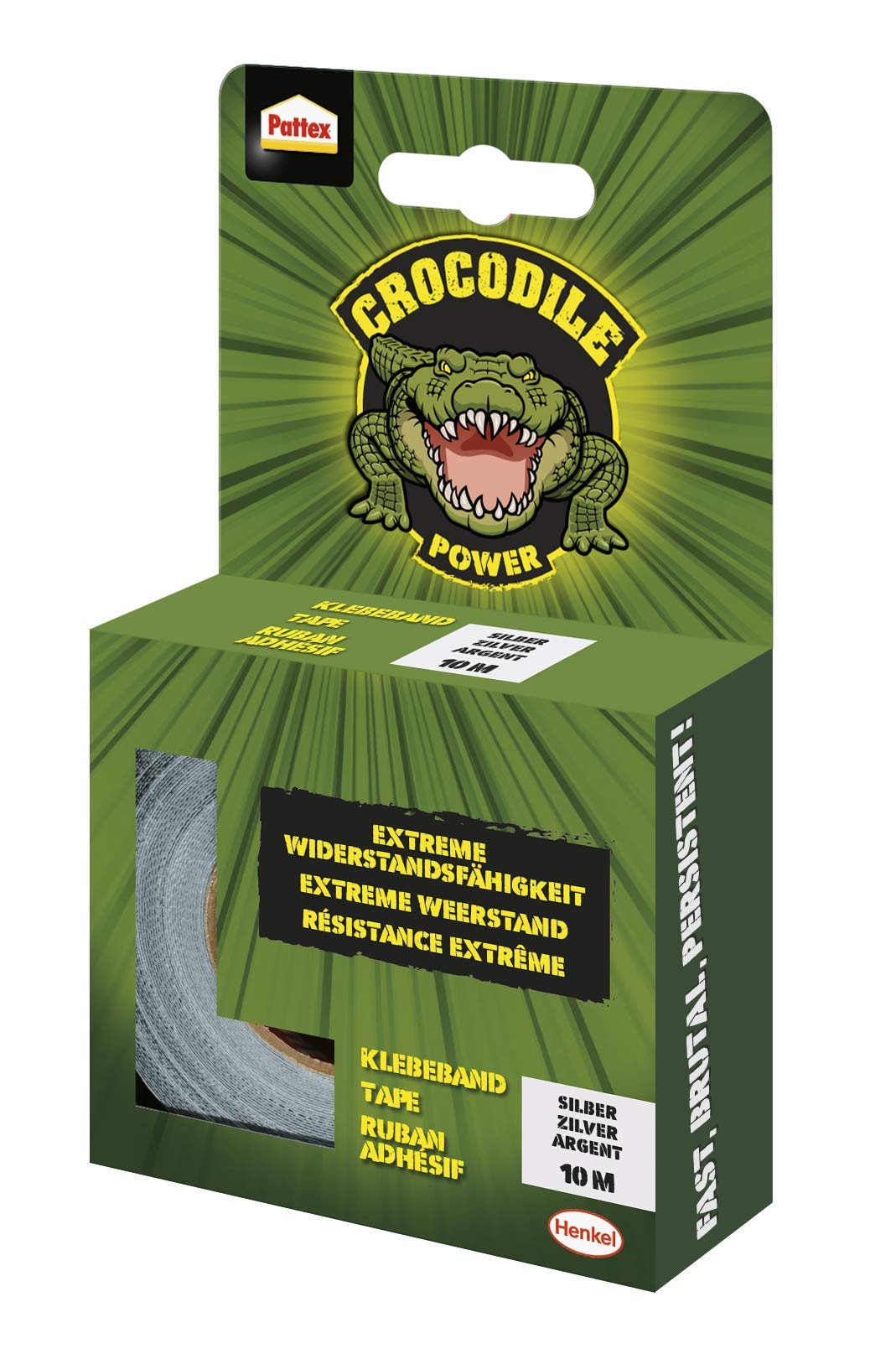 Pattex Crocodile Power taśma klejąca, mocna taśma z tkaniny o podwójnej grubości, ekstremalna odporność na najtrudniejsze naprawy, taśma Duct Tape do różnych materiałów, srebrna, 1 x 10 m