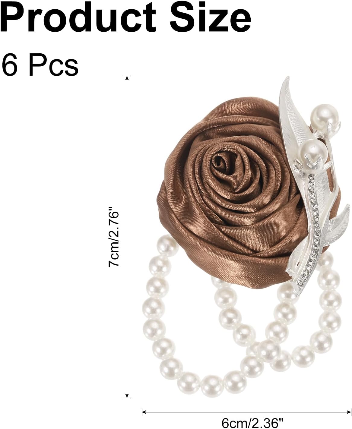 MECCANIXITY 6Pcs Wrist Corsage Artificial Flower with Faux Pearl Bracelets Rose Wrist Bride Groom Decorative for Wedding Ceremony Prom Party Anniversary, 2.4 x 2.8 Inch Coffee