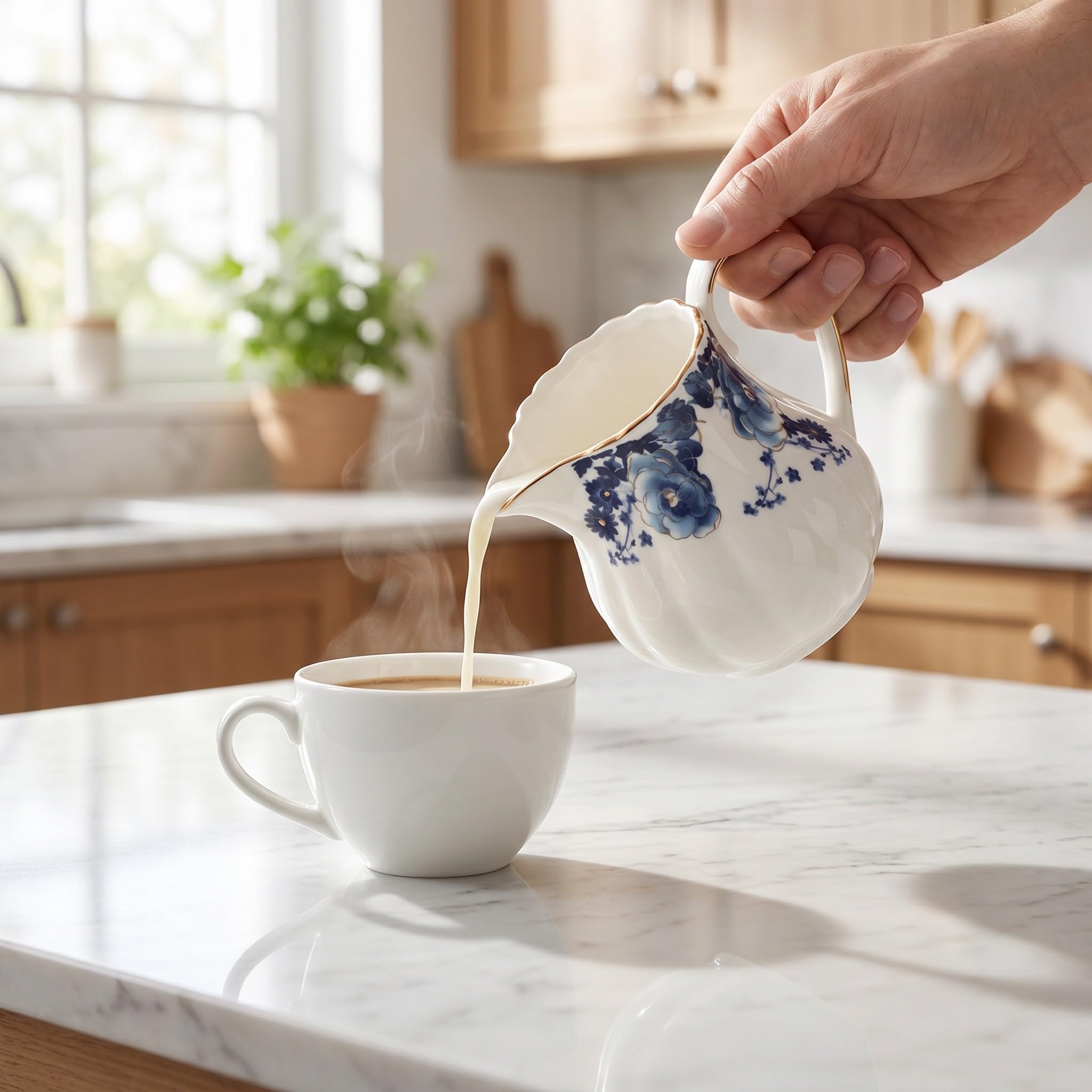 INOOMP 1 Set di zuccheriera e lattiera in Ceramica: Set da caffè in Porcellana con Decorazioni Floreali, Cucchiaio e Coperchio, lattiera con Manico per servire caffè e tè.