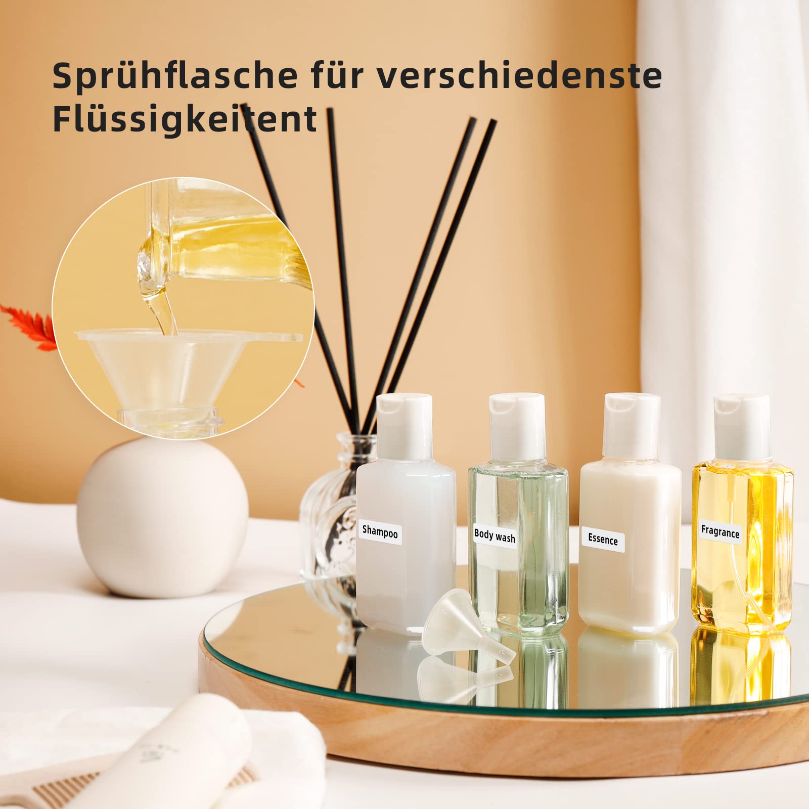 Reiseflaschen-Set 60 Ml Transparent | 7 Flaschen + Trichter + Etiketten | Für Shampoo, Lotion