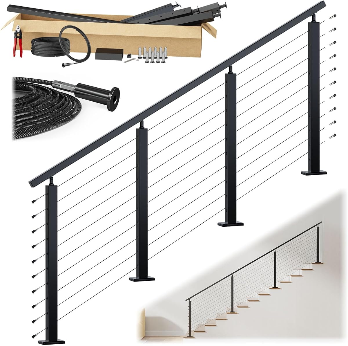 Muzata 8-12ft Pre-Crimped Complete Cable Railing Kit for Stairs 36in RC09 | Surface Mount Black Cable Railing System, Pre-crimped Terminals, Complete Set, Length Adjustable, Easy DIY with User Guide