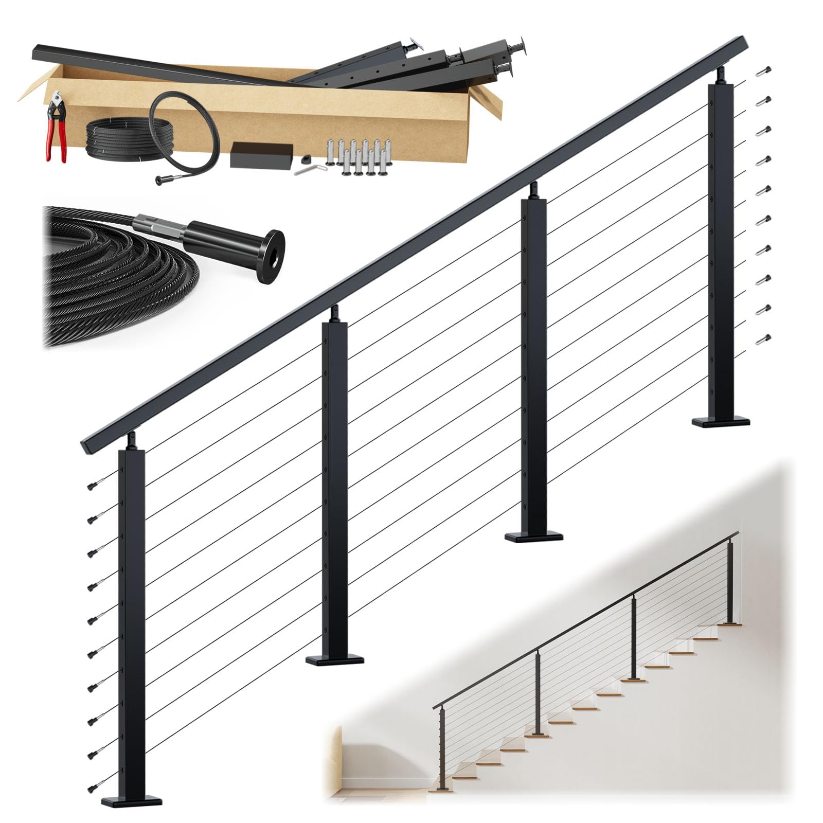 Muzata 8-12ft Black Complete Cable Railing Kit for Stairs Pre-Crimped 36 Inch Cable Railing System with Post Handrail Length Adjustable Easy DIY with User Guide Complete Set RC09